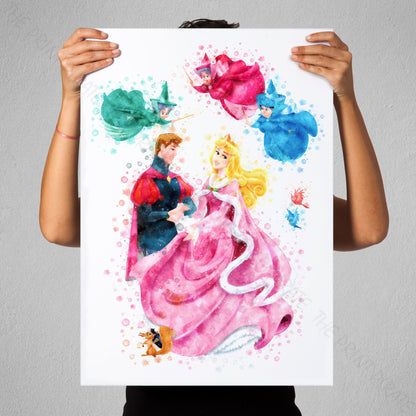 Disney 'SLEEPING BEAUTY GROUP' Watercolour Splash Wall Art Print
