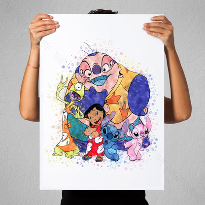 Disney 'LILO AND STITCH GROUP' Lilo and Stitch Watercolour Splash Wall Art Print