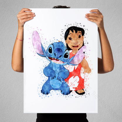 Disney 'LILO AND STITCH' Lilo and Stitch Watercolour Splash Wall Art Print