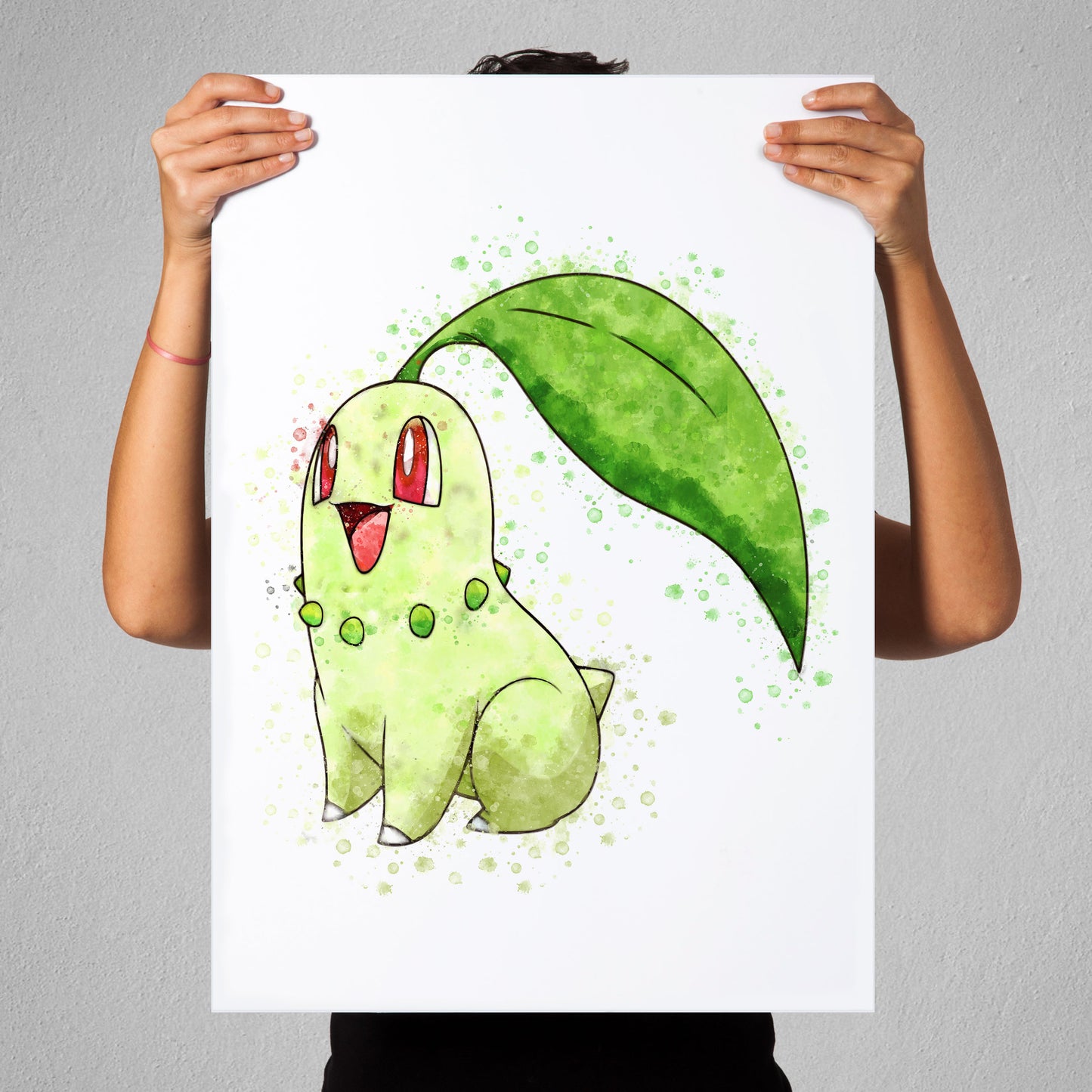 Pokemon 'CHIKORITE' Watercolour Splash Wall Art Print