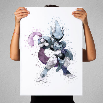 Pokemon 'ARMOURED MEWTWO' Watercolour Splash Wall Art Print