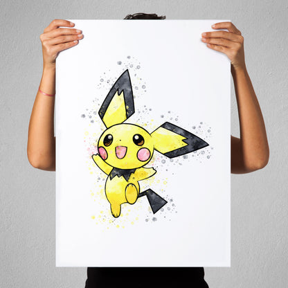 Pokemon 'PICHU' Watercolour Splash Wall Art Print