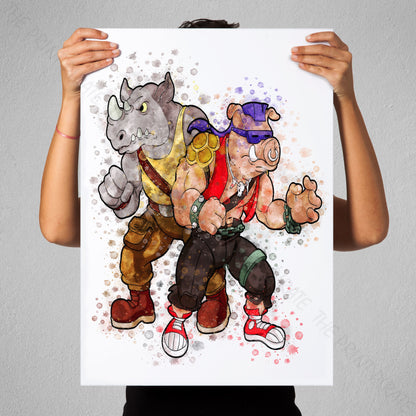 Teenage Mutant Ninja Turtles 'BEBOP AND ROCKSTEADY' Watercolour Splash Wall Art Print