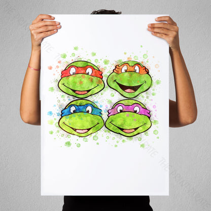 Teenage Mutant Ninja Turtles 'TURTLE FACES' Watercolour Splash Wall Art Print
