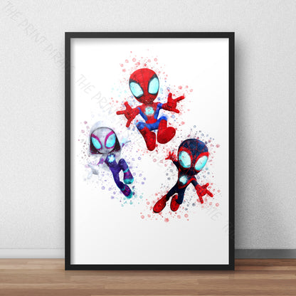 Superhero 'SPIDERMAN AND HIS AMAZING FRIENDS' Marvel Watercolour Splash Wall Art Print