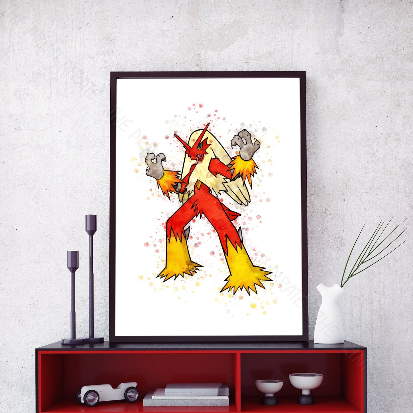 Pokemon 'BLAZIKEN' Watercolour Splash Wall Art Print