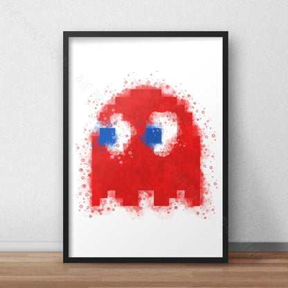 Gaming 'PACMAN RED GHOST BLINKY' Watercolour Splash Wall Art Print