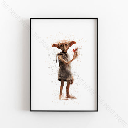 Wizarding World 'HOUSE ELF DOBBY' Hogwarts Harry Potter / Fantastic Beasts Watercolour Splash Wall Art Print